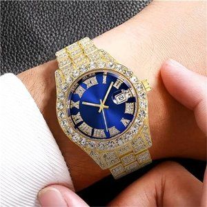 CdyBox Men Hip Hop Watch with Roman Scale Calendar Crystal Rhinestone Watches